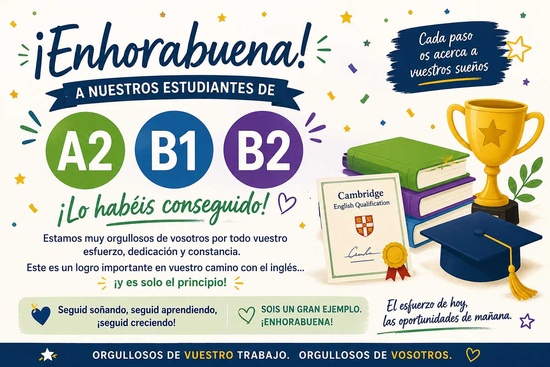 ¡Enhorabuena a todos nuestros alumnos de Cambridge A2, B1 y B2!